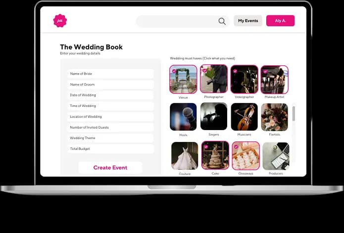 Laptop showing wedding planning interface